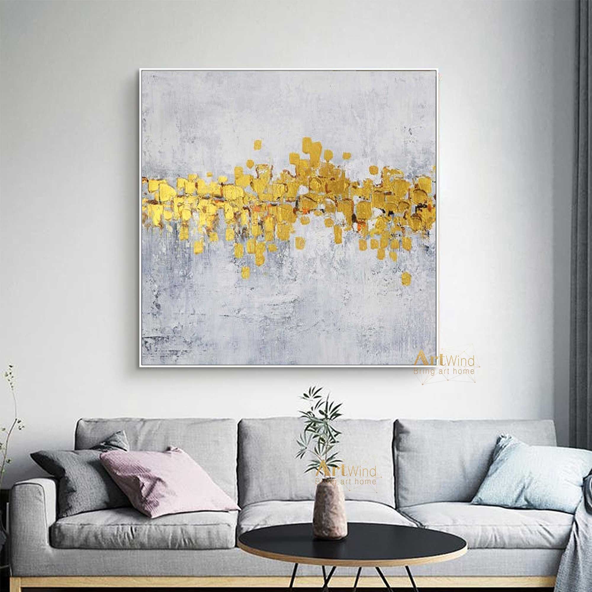 抽象画 グレーと金のキャンバスアート 金箔の抽象画：モダンなグレーのキャンバスアート - Etsy 日本