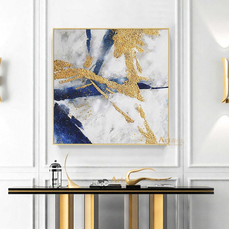Original Abstract Painting Minimalist Gold Abstract Canvas Art White and Blue Wall Art Navy Blue Canvas Gold And Blue Art Living Room Decor image 5