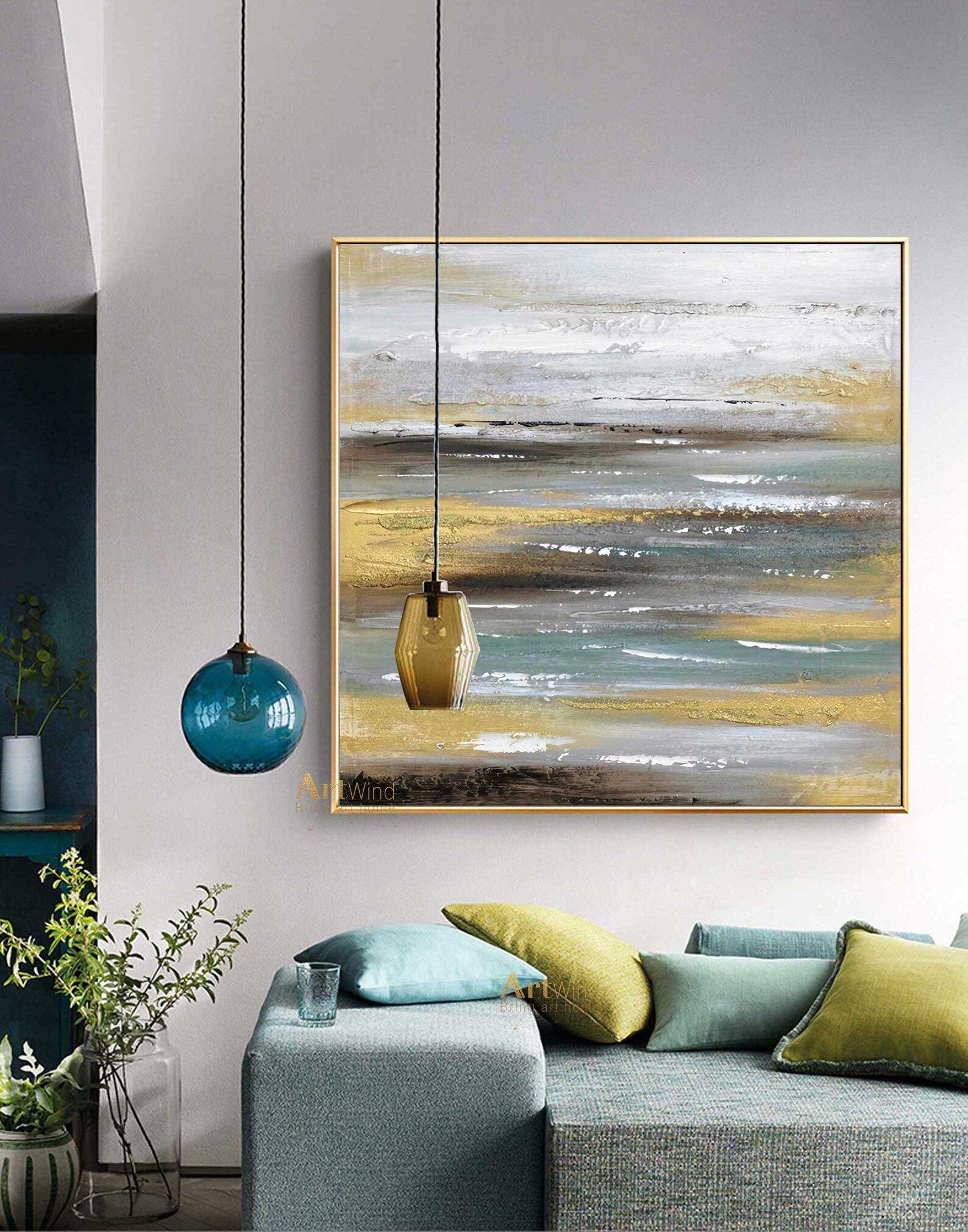 Teal and Gold Wall Art Seascape Painting Gold Leaf Art Etsy