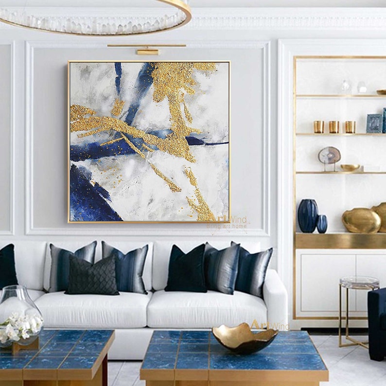 Original Abstract Painting Minimalist Gold Abstract Canvas Art White and Blue Wall Art Navy Blue Canvas Gold And Blue Art Living Room Decor image 1