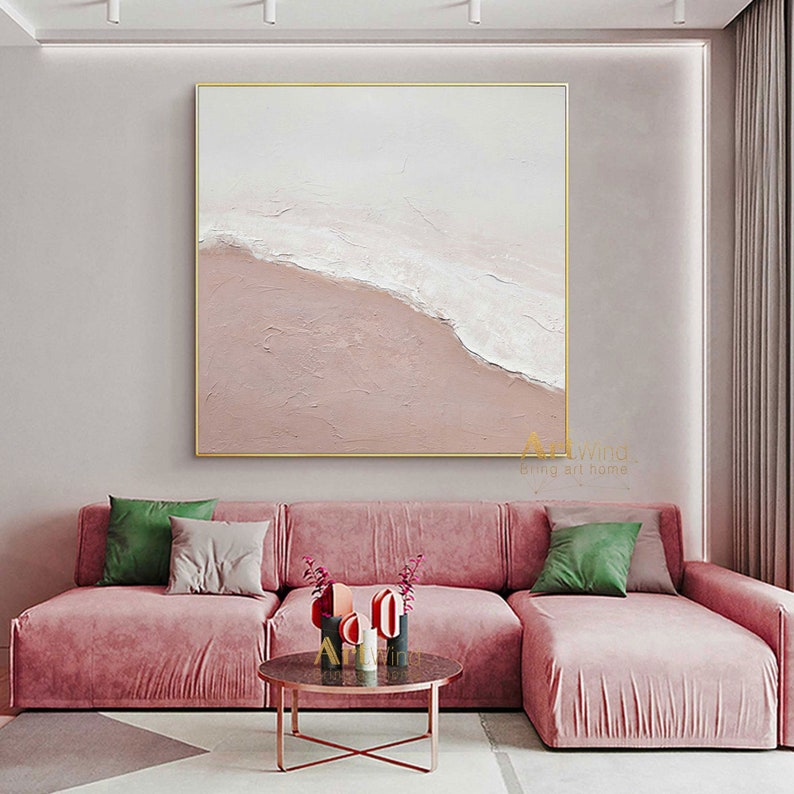 Pink Beach Painting White Original Artwork Pink Seaside Canvas Etsy