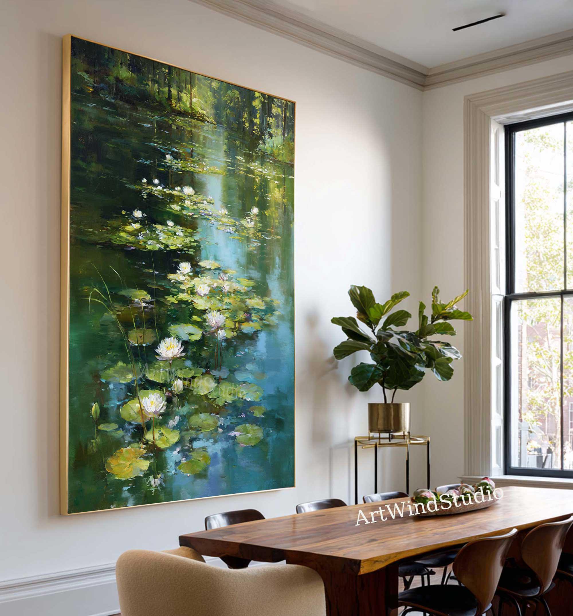 Abstract Water Lily Pond Oil Painting Green Nature Landscape Canvas ...