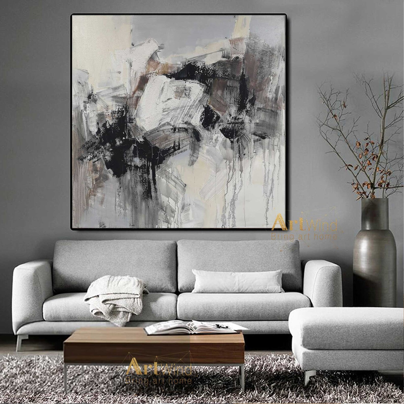 Oversized Brown Abstract Painting Grey And Black Wall Art Rich Etsy