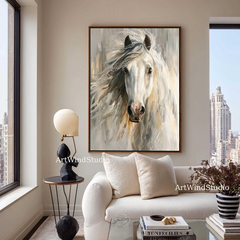 Abstract White Horse Oil Painting Neutral Animal Portrait Canvas Art ...
