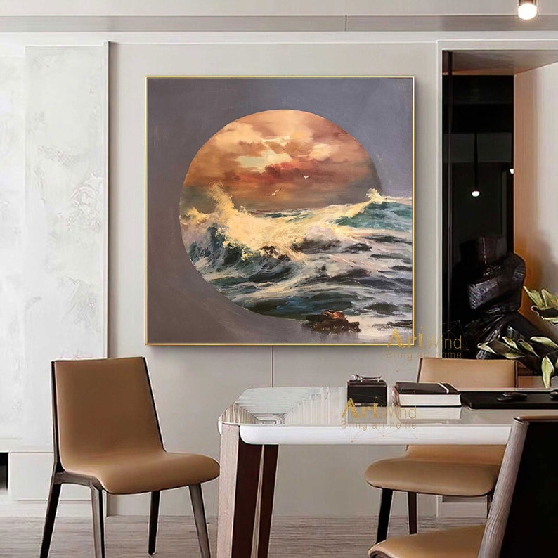 Large Sunset Painting Sunrise Canvas Art Ocean Waves Painting White Modern Acrylic Painting Contemporary Art Living Room Contemporary Decor image 1