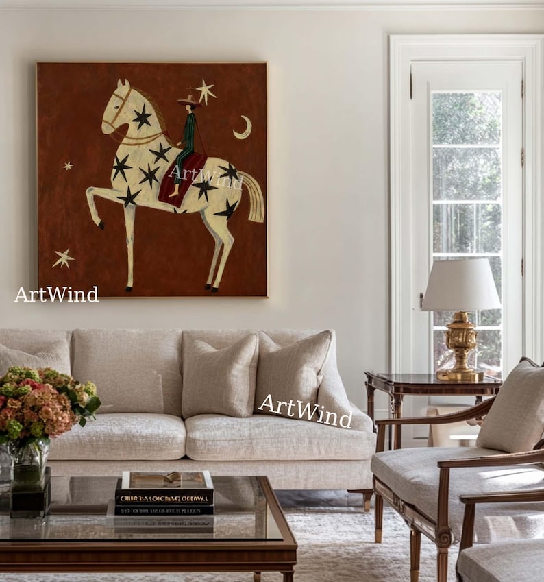 Modern Abstract Horse Rider Painting Vintage Minimalist Figurative Wall ...