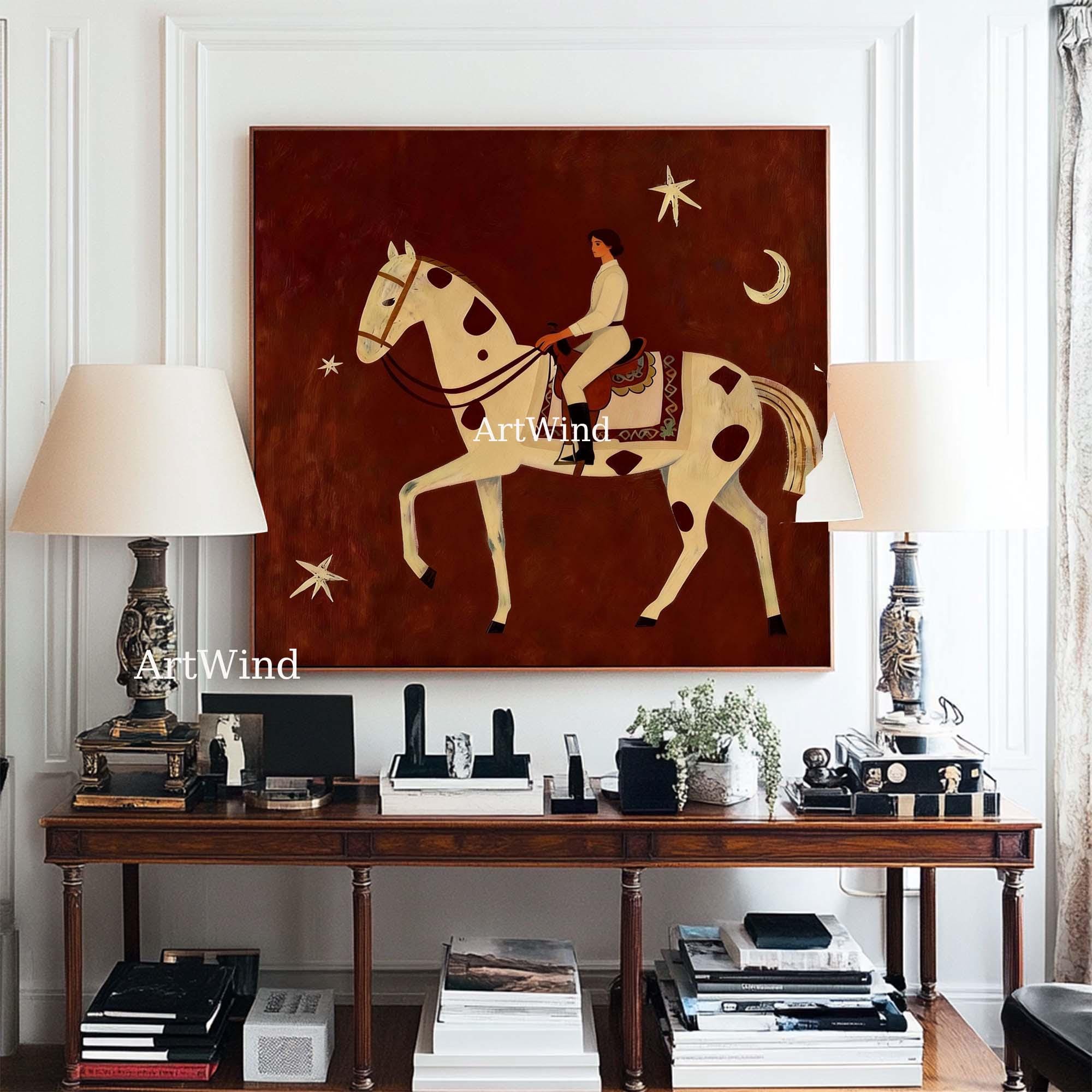 Vintage Abstract Horse Rider Painting Retro Red Minimalist Equestrian ...