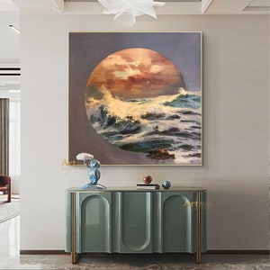 Large Sunset Painting Sunrise Canvas Art Ocean Waves Painting White Modern Acrylic Painting Contemporary Art Living Room Contemporary Decor image 4