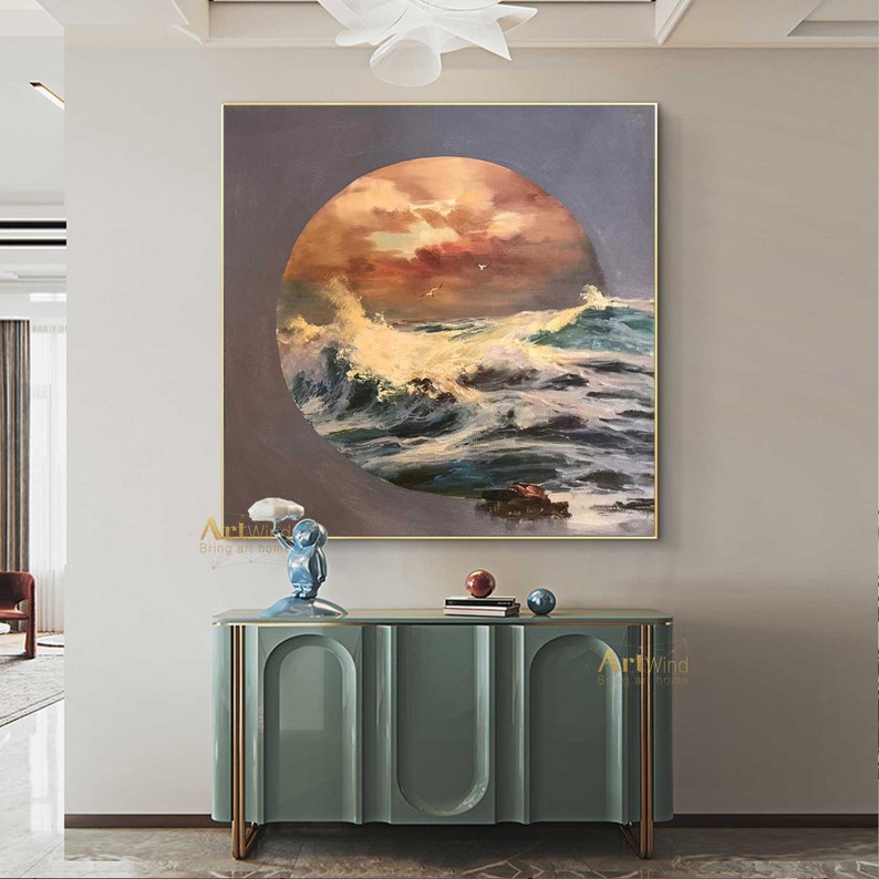 Large Sunset Painting Sunrise Canvas Art Ocean Waves Painting White Modern Acrylic Painting Contemporary Art Living Room Contemporary Decor image 4