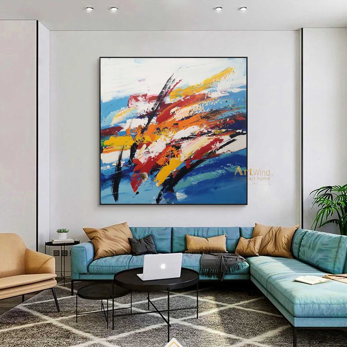 Bright Abstract Painting on Canvas Yellow and White Art Knife Etsy