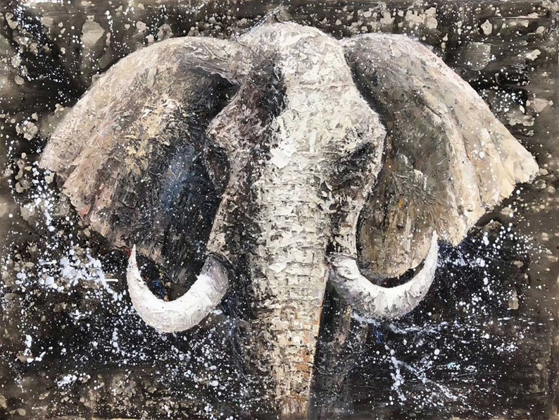 Black Original Elephant Painting Grey Elephant Canvas Art Etsy