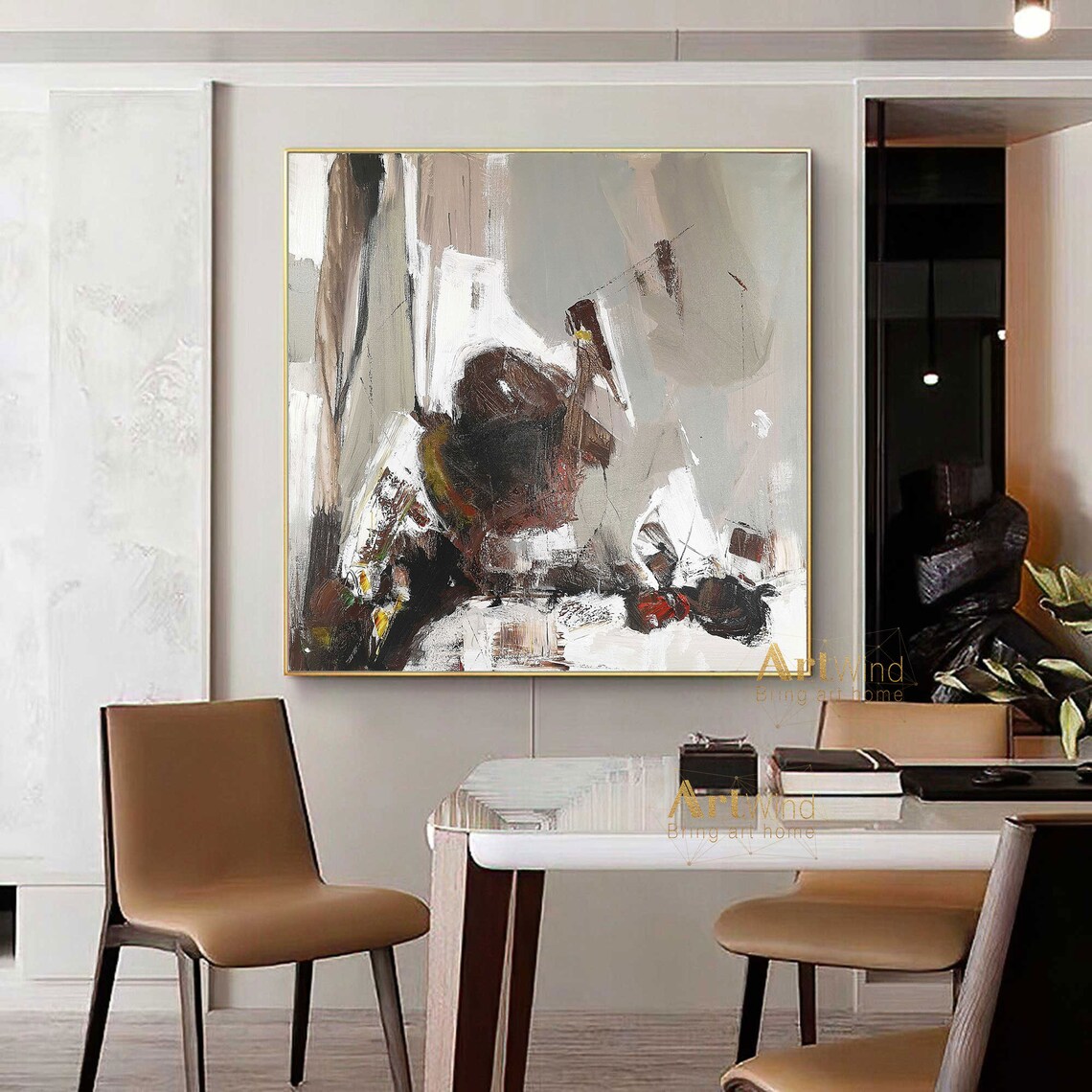 Brown Painting Large Grey Abstract Canvas Art White And Black Etsy