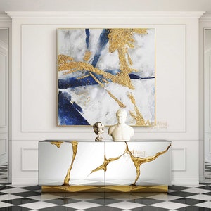 Original Abstract Painting Minimalist Gold Abstract Canvas Art White and Blue Wall Art Navy Blue Canvas Gold And Blue Art Living Room Decor image 7