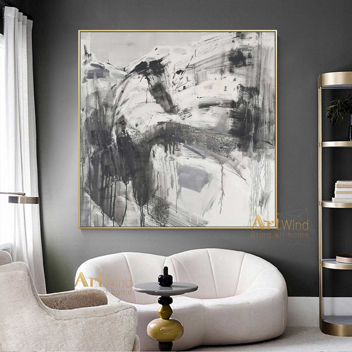 Grey And Black Wall Art Gray Abstract Painting Black Modern Etsy