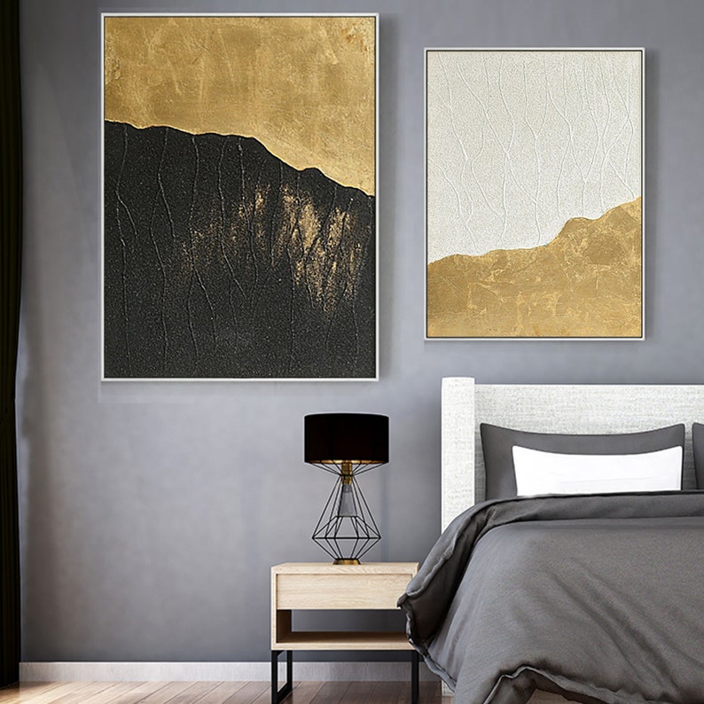 Huge Wall Art Gold Leaf Painting Set of 2 Wall Decor Gold Leaf Etsy