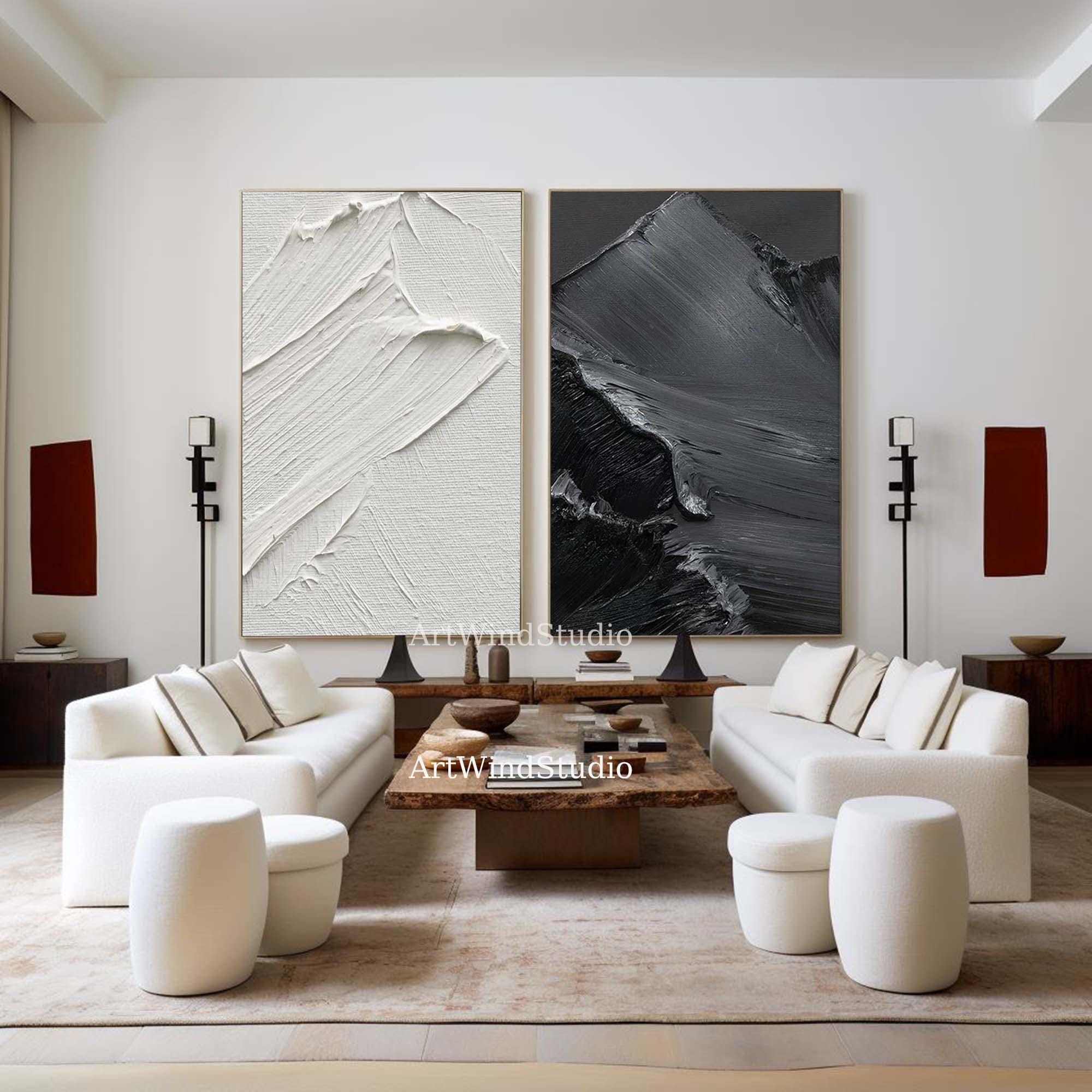 Textured Abstract Painting Set: Black and White Minimalist Wall Art - Etsy