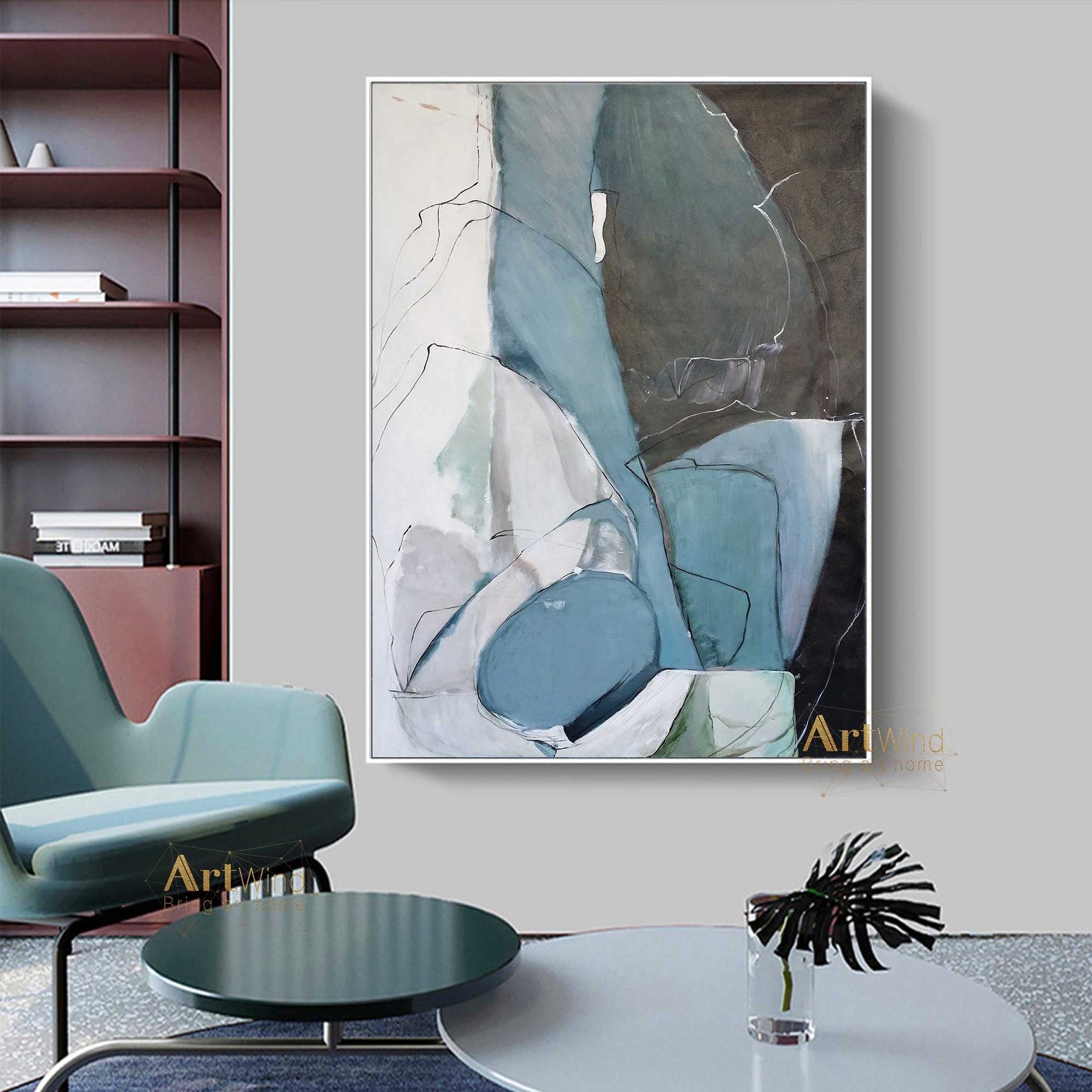 Large Original Abstract Painting Duck Egg Blue Canvas Grey Etsy