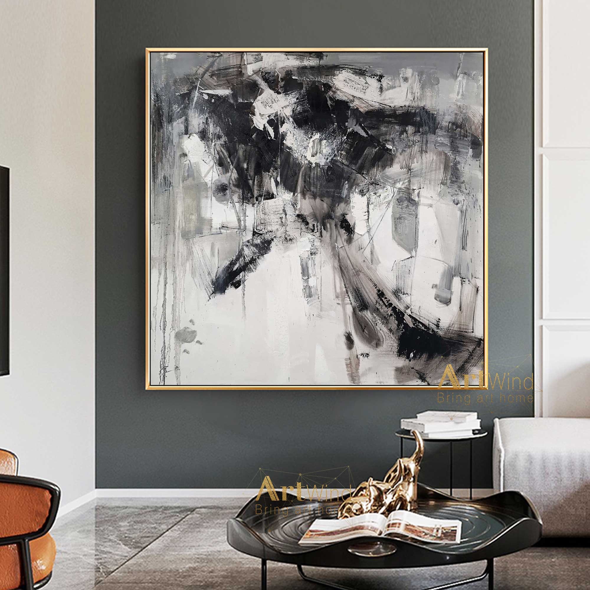Big Grey Painting Black Abstract Canvas Art White Modern Gray Etsy