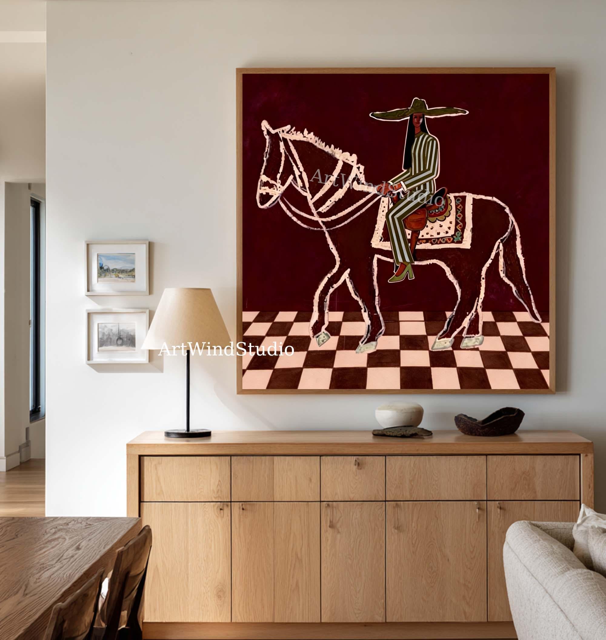 Vintage Abstract Horse Rider Oil Painting Western Cowgirl Wall Art ...