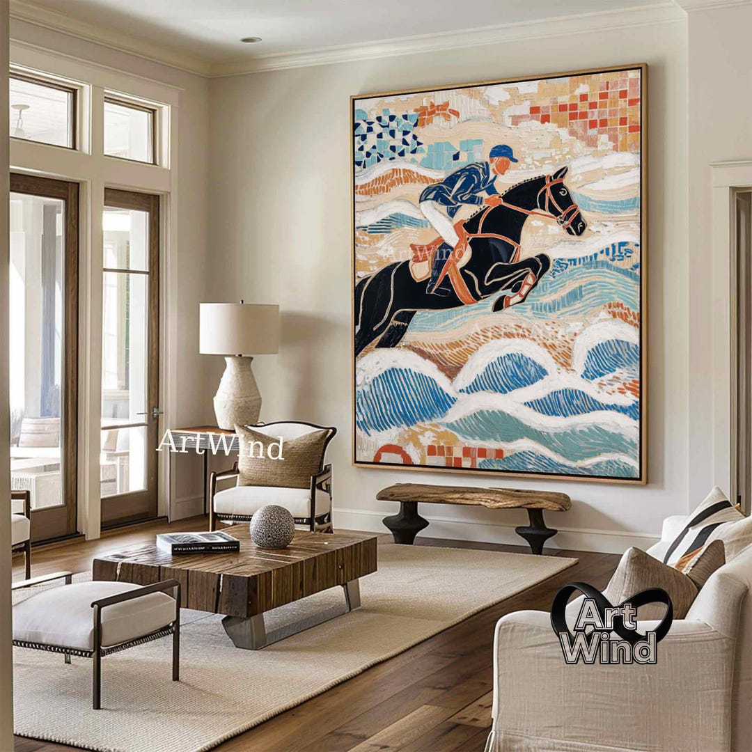 Original Textured Equestrian Painting Large Abstract Horse Rider Canvas ...