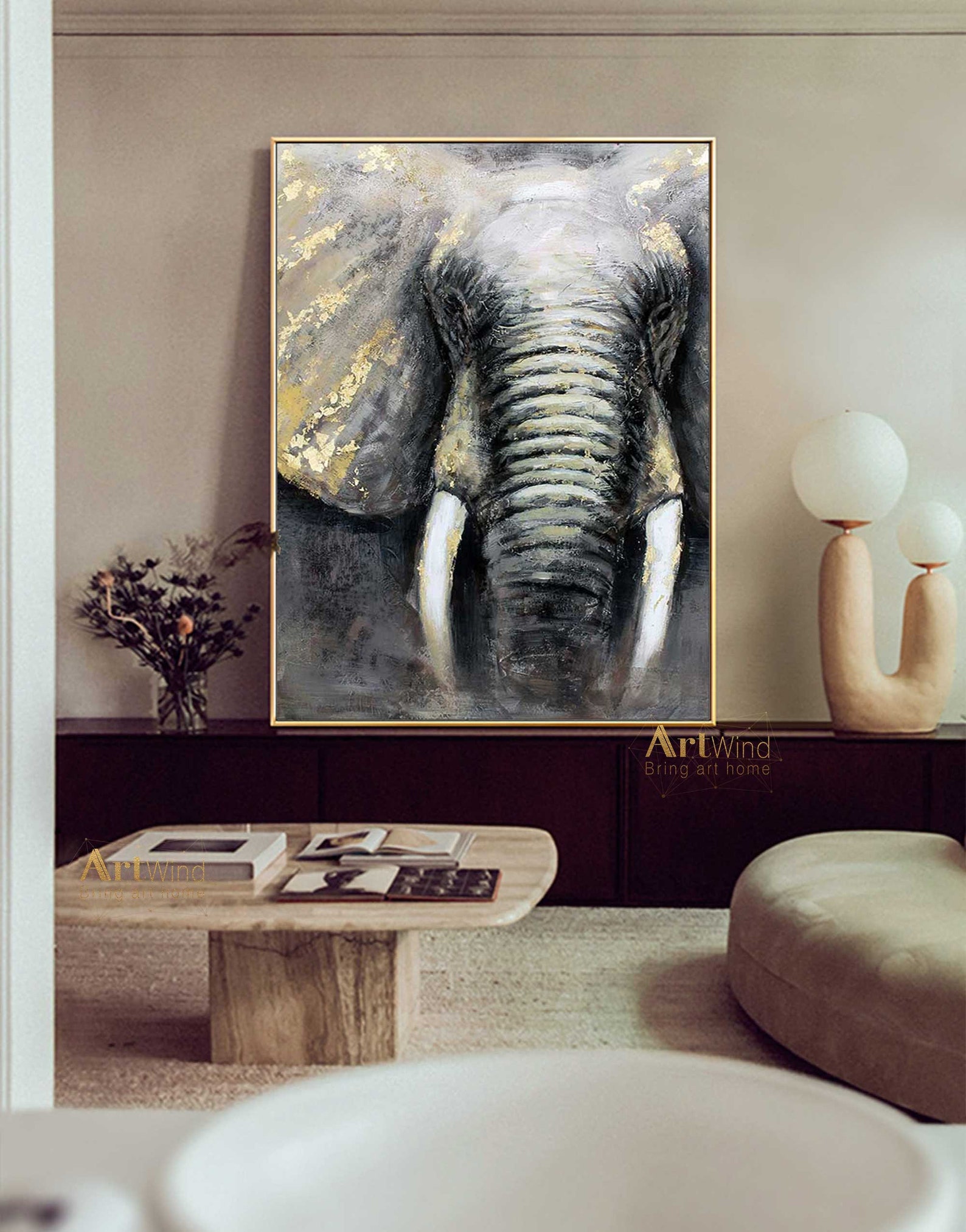 Oversized Gold Elephant Canvas Art Gold Leaf Art Grey Elephant Etsy