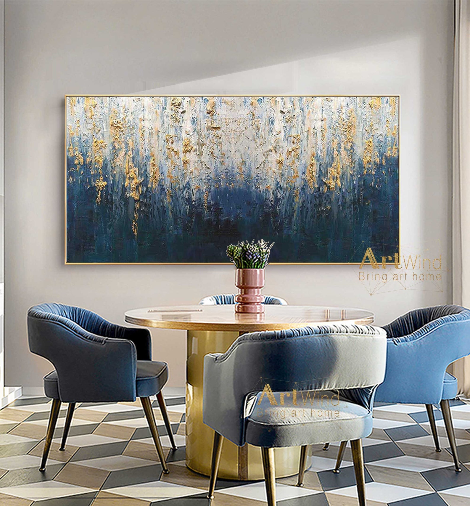 Large Navy Blue Abstract Canvas Art Textured Painting Gold Etsy