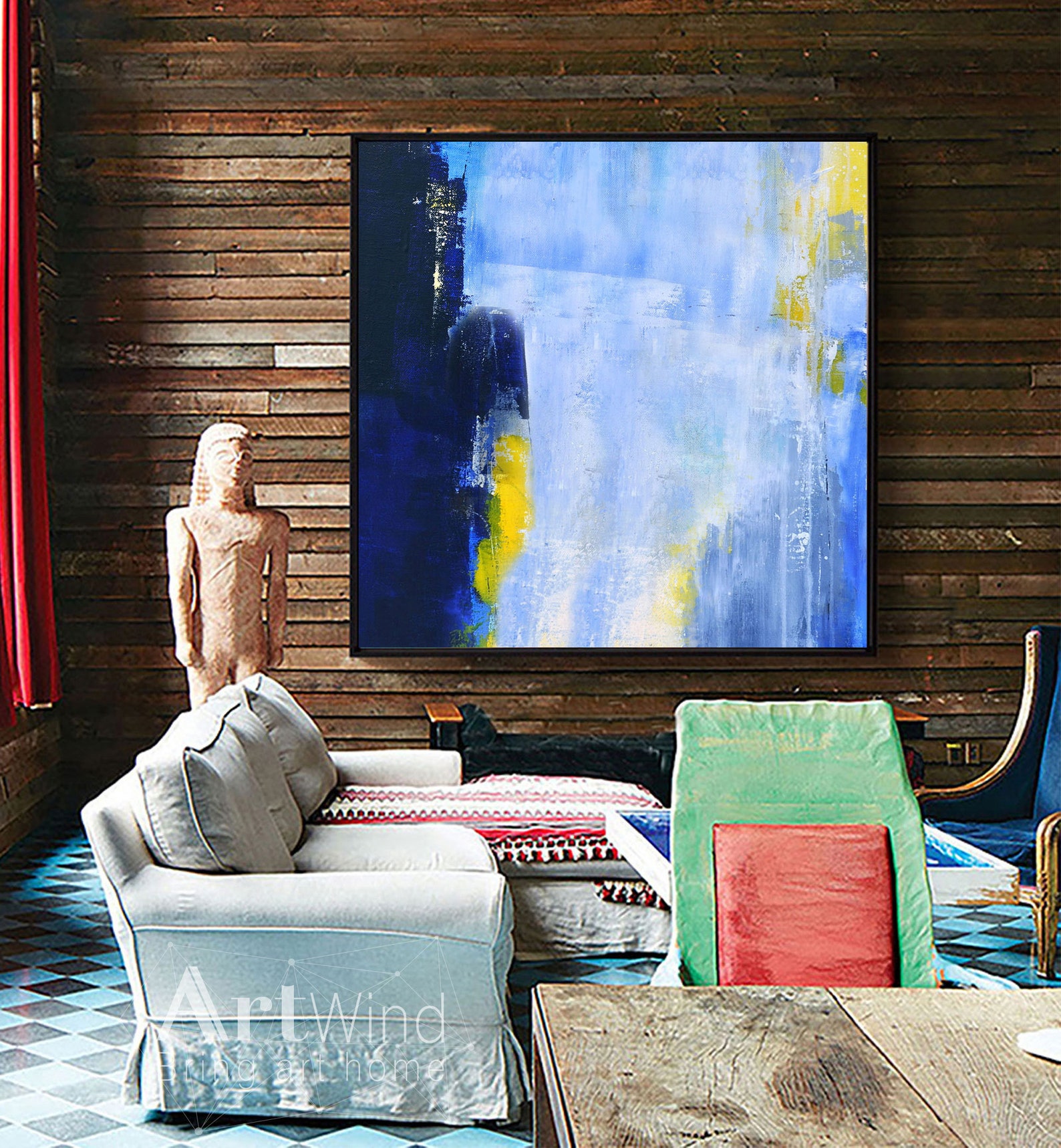 Navy Blue Wall Art Abstract Canvas Painting Modern Artwork Etsy