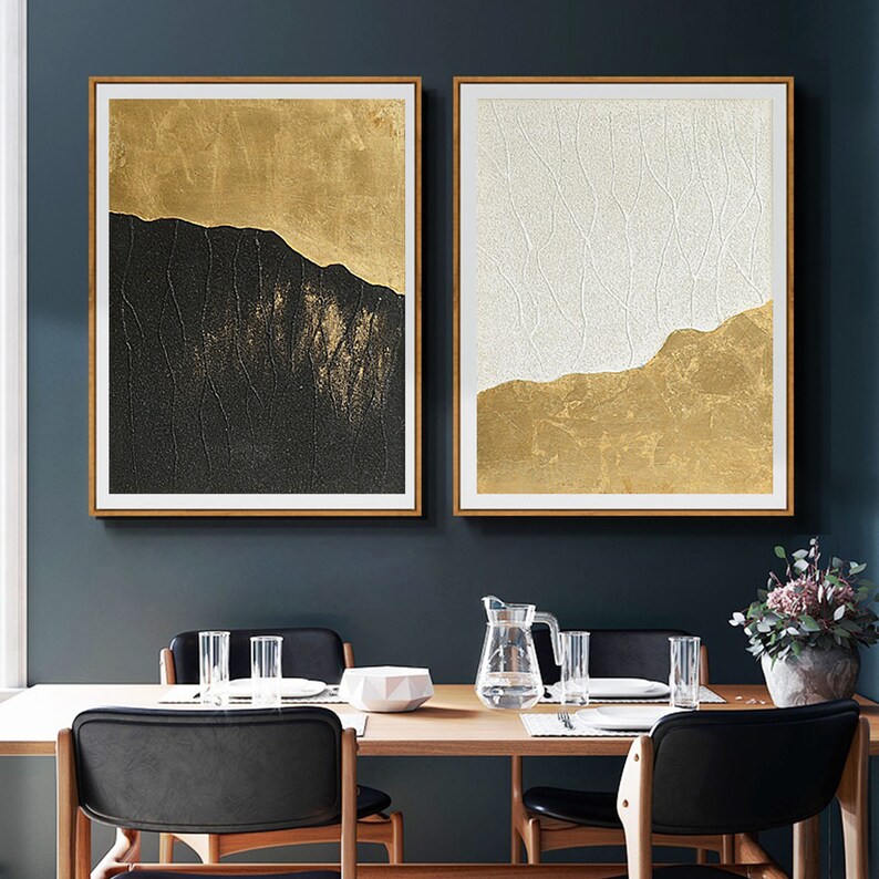 Huge Wall Art Gold Leaf Painting Set of 2 Wall Decor Gold Leaf Etsy