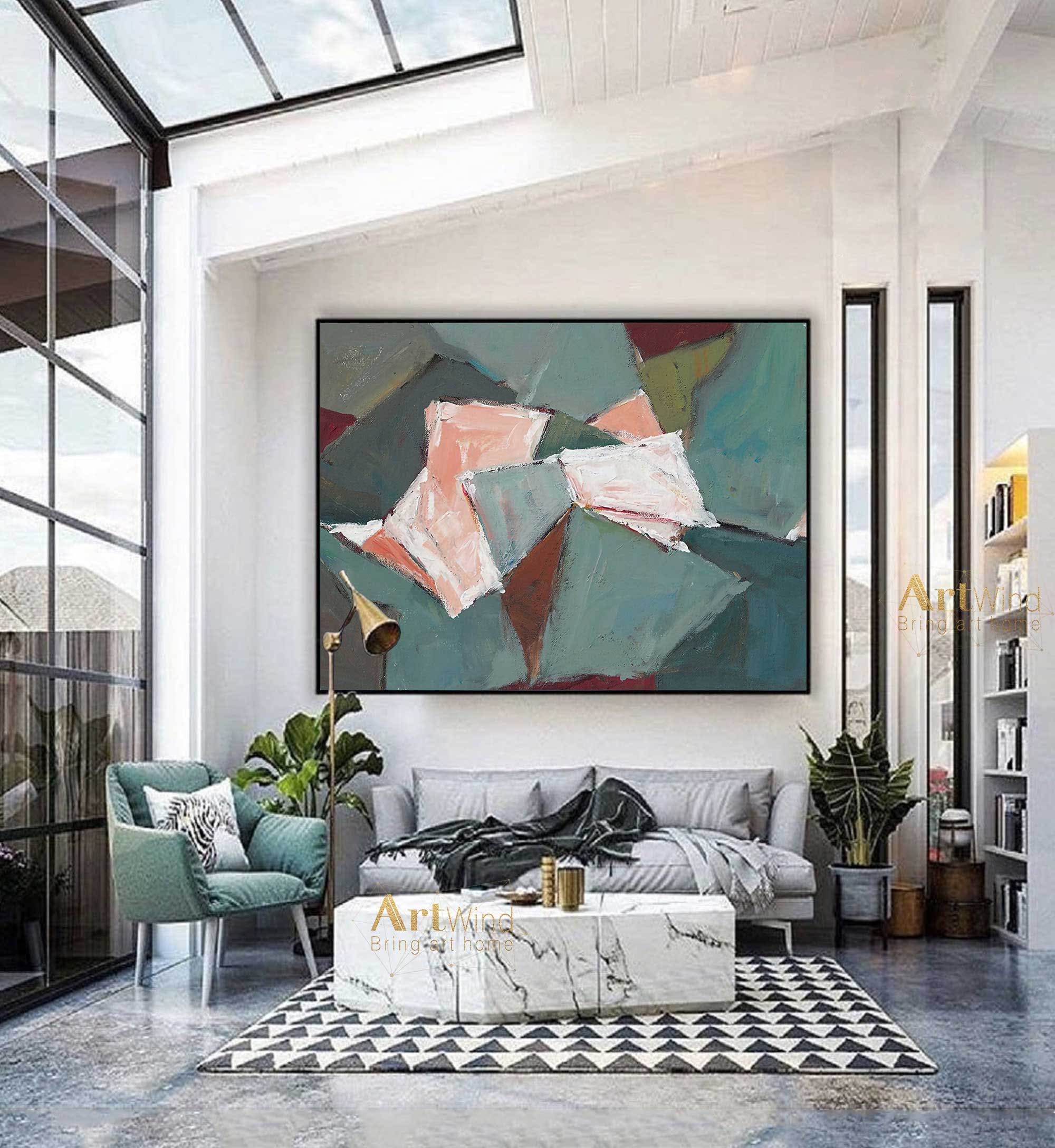 Large Green Abstract Canvas Art Light Green Minimalist Etsy