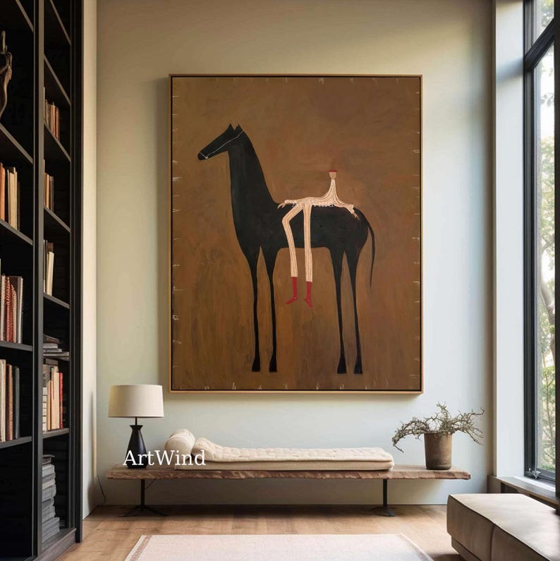 Brown Abstract Horse and Figure Painting Vintage Minimalist Wall Art ...