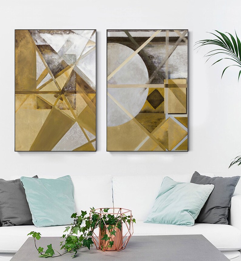 Modern Abstract Set Of 2 Pieces Gold Canvas Painting Geometry Etsy