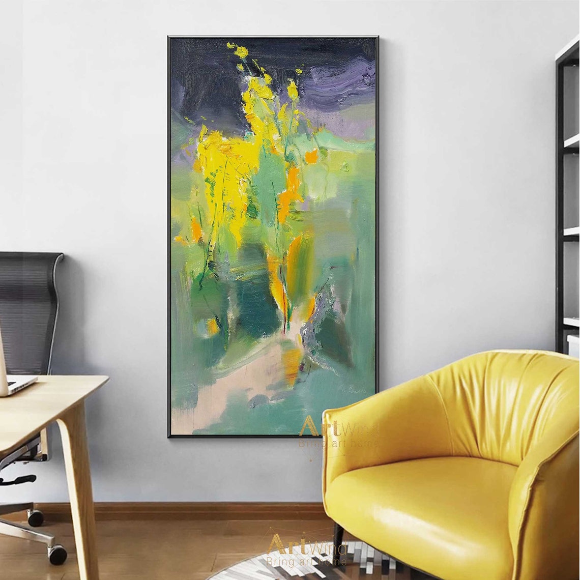 Large Landscape Painting Teal Modern Original Wall Art Yellow Etsy