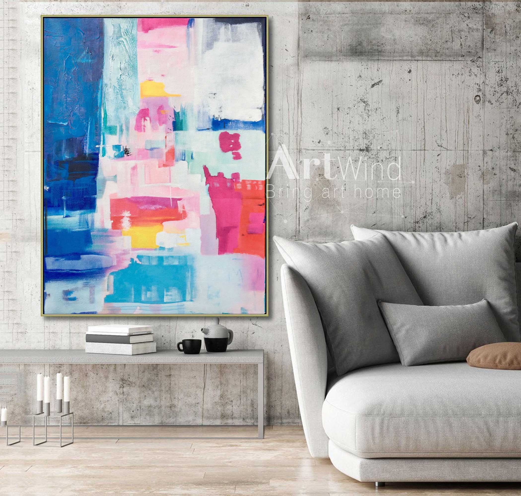 Large Blue Abstract painting Pink art Contemporary Wall Art Etsy
