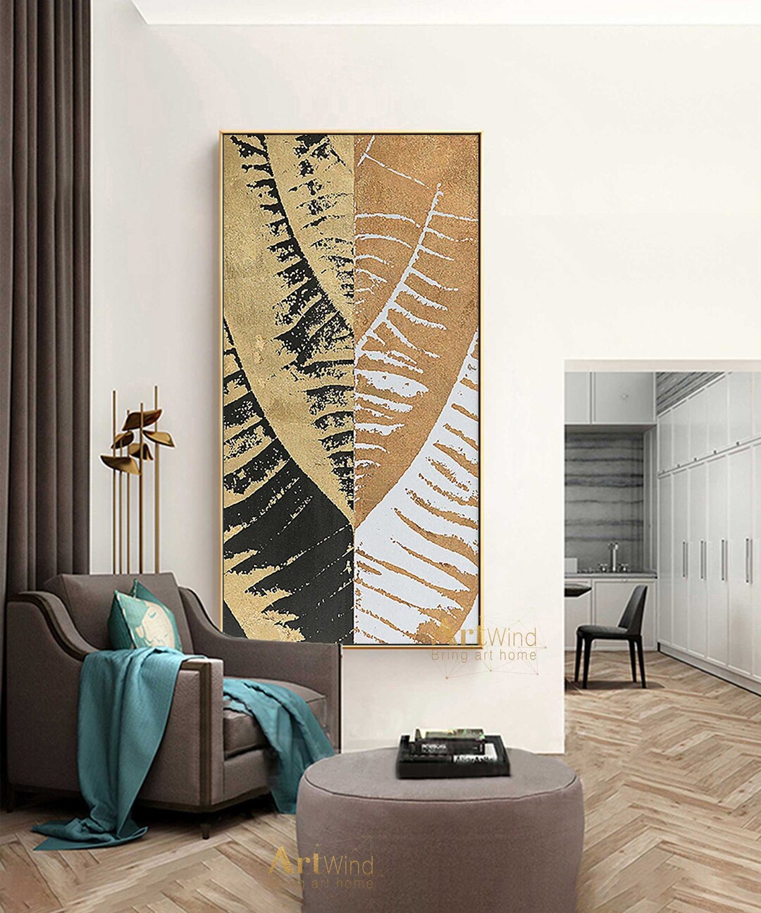 Contemporary Art Gold Leaf Abstract Painting Black and White Art Gold ...