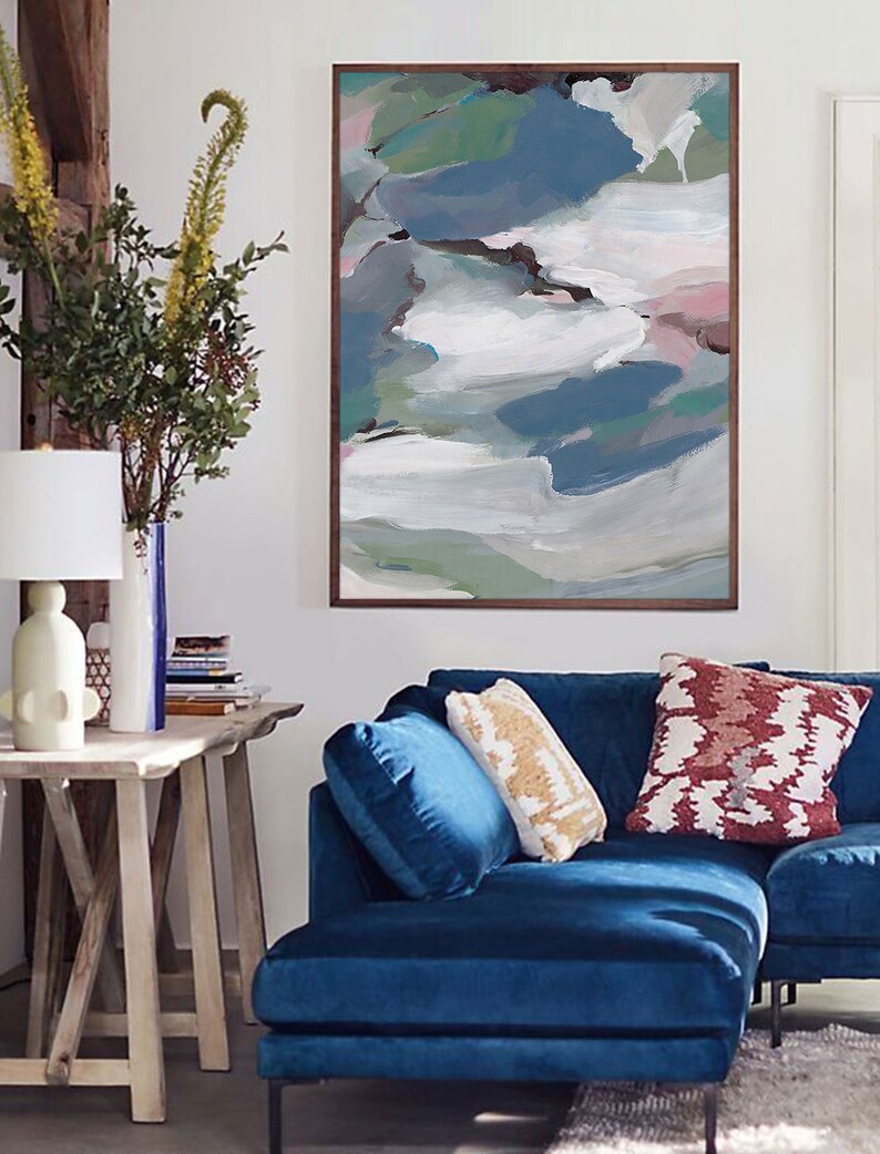 Large Navy Blue Abstract Painting White Modern Original Etsy