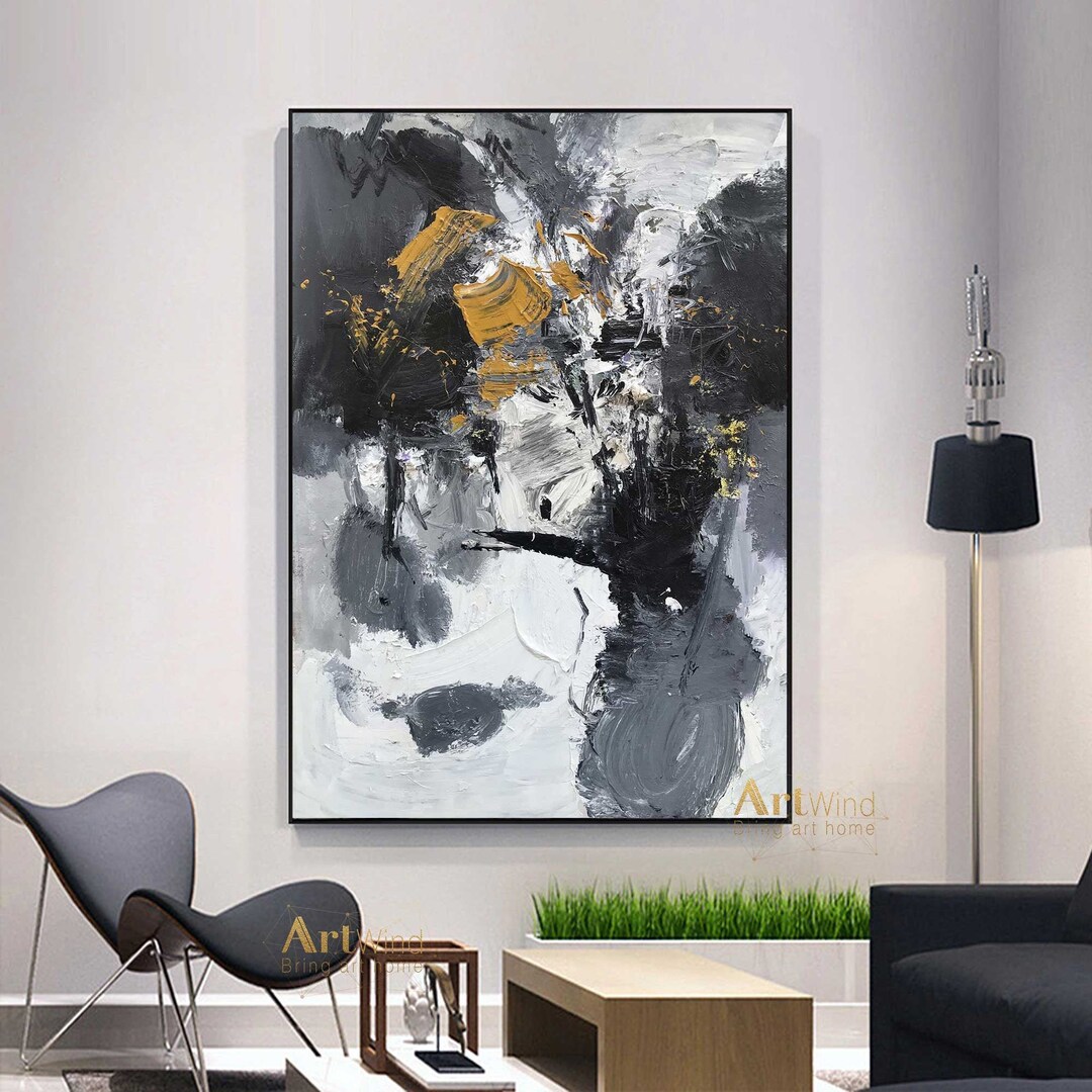 Black and White Art Grey Abstract Canvas Art Orange Modern Wall Art