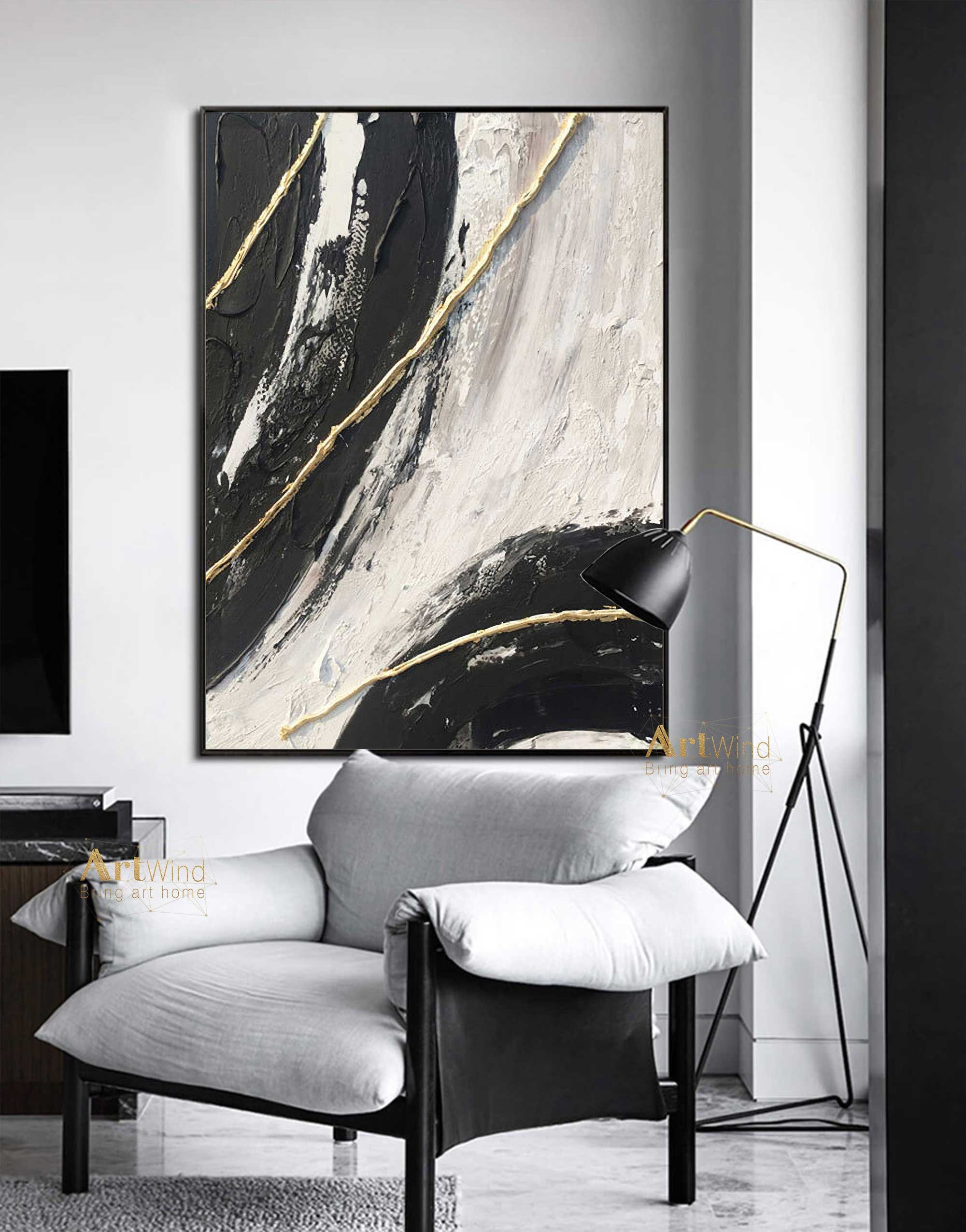 Art & Collectibles Black Abstract Painting Large Modern Art Minimalist ...