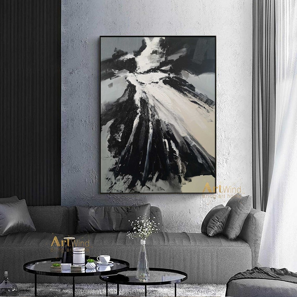 Large Abstract Painting Black Contemporary Art White Etsy