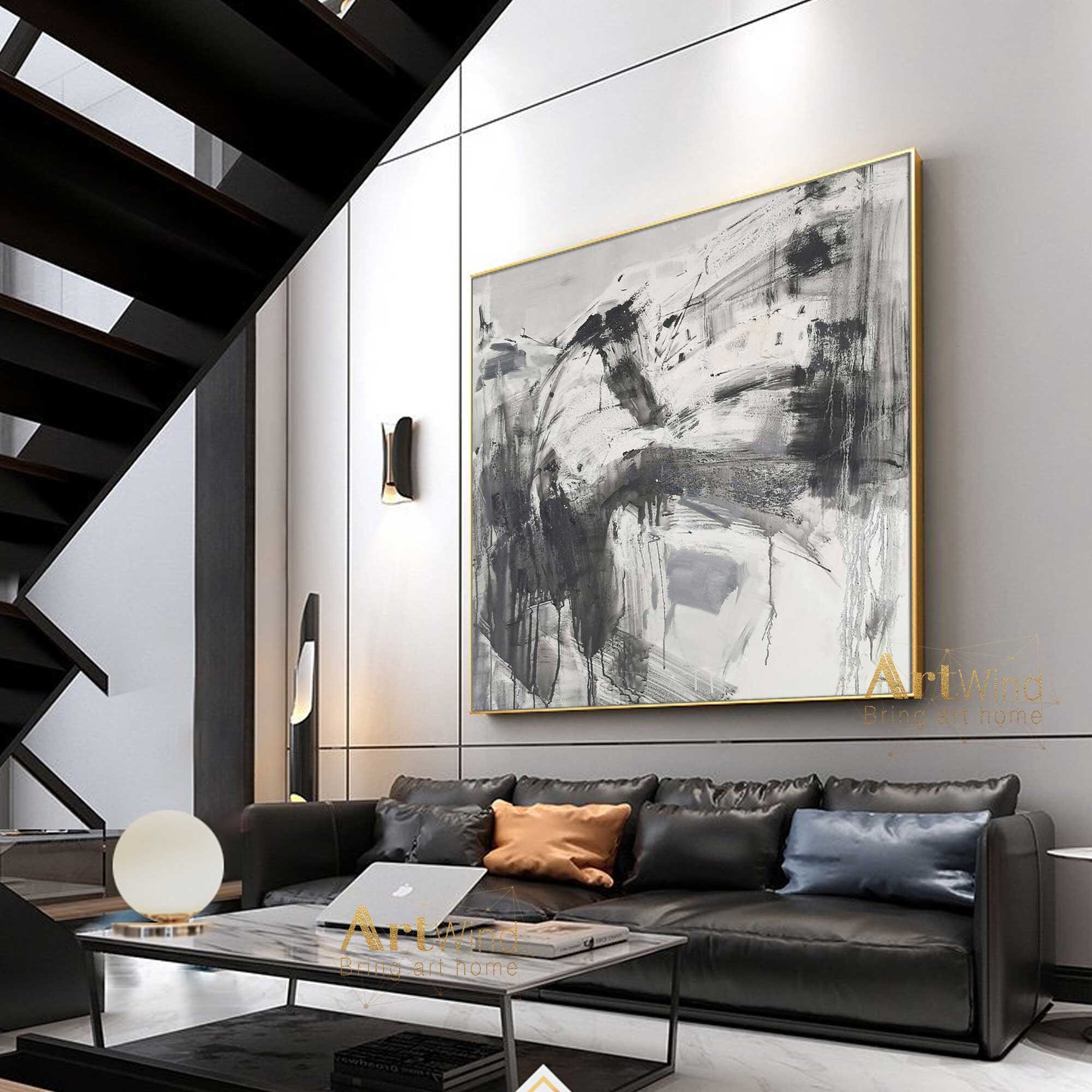 Grey And Black Wall Art Gray Abstract Painting Black Modern Etsy