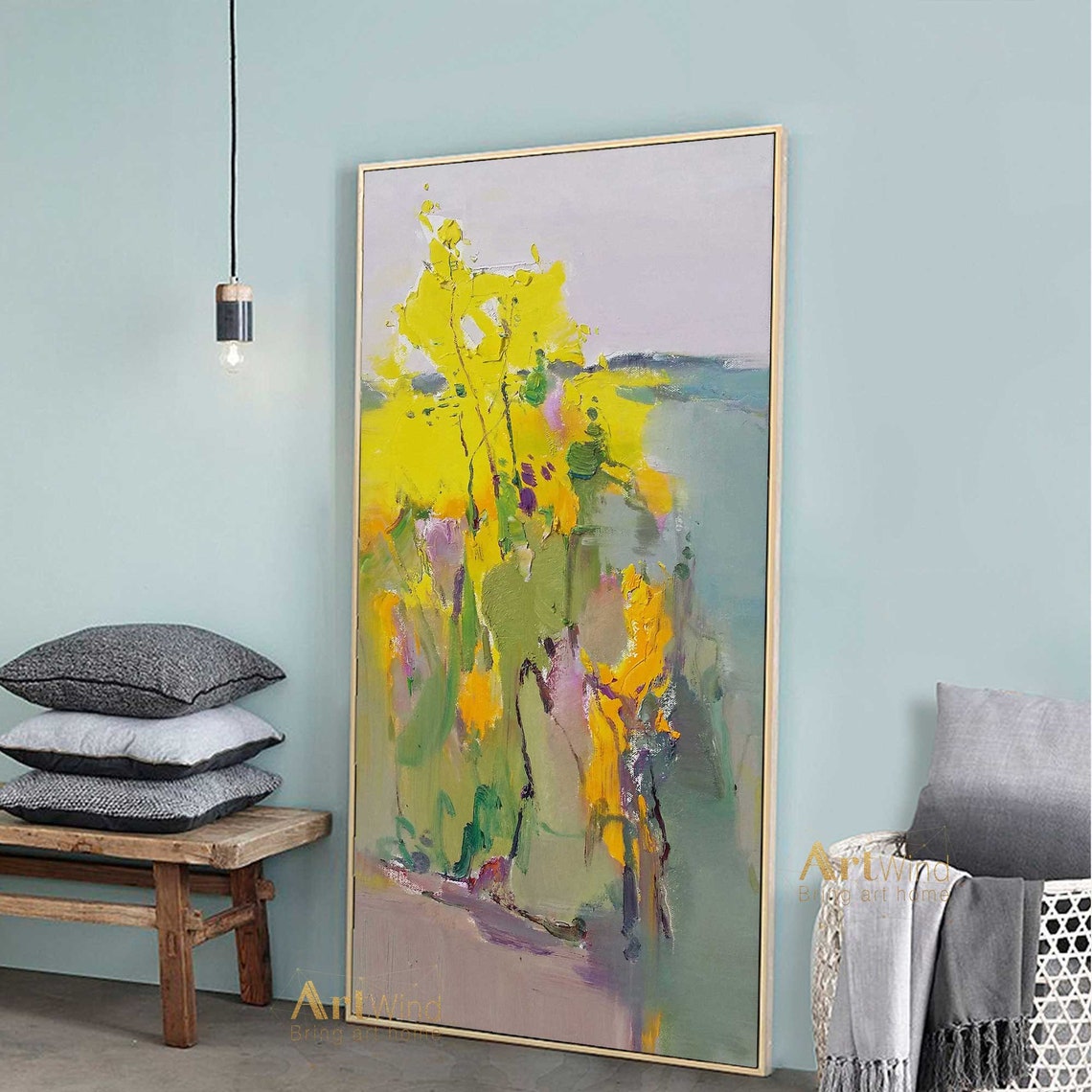 Large Landscape Painting Yellow Modern Wall Art Teal Original Etsy