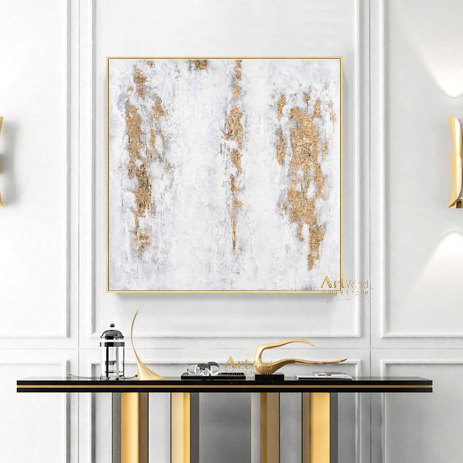 Large White and Gold Canvas Art White Abstract Painting Modern Etsy