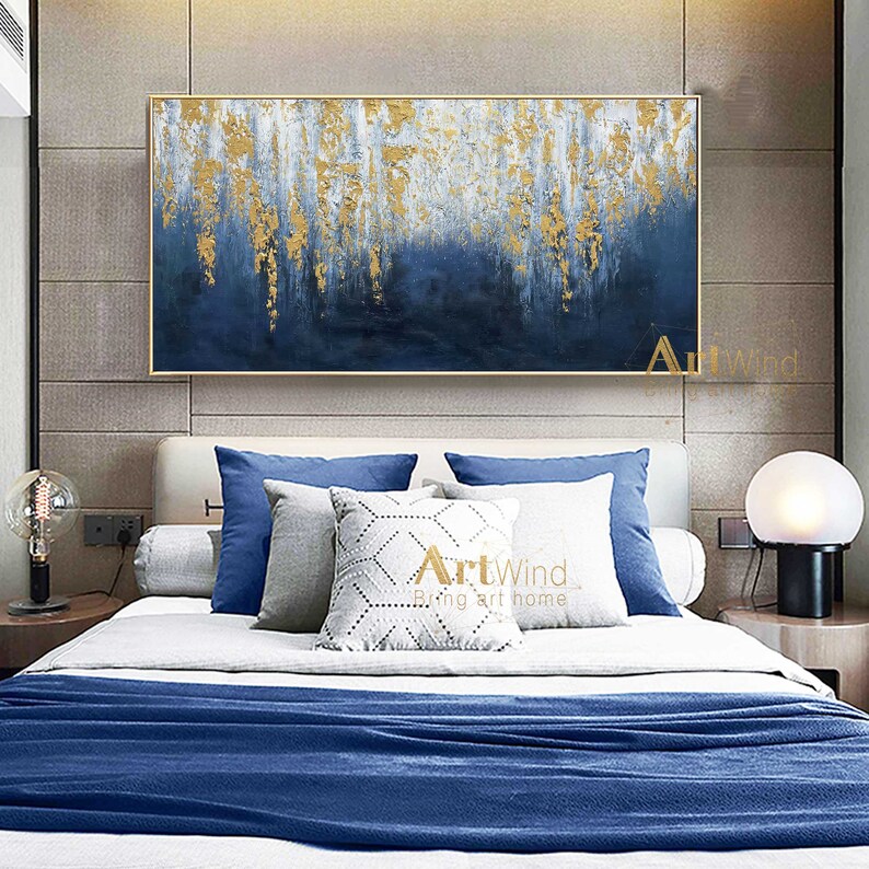 Large Navy Blue Abstract Canvas Art Textured Painting Gold Etsy