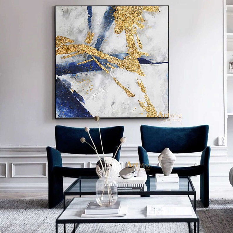 Original Abstract Painting Minimalist Gold Abstract Canvas Art White and Blue Wall Art Navy Blue Canvas Gold And Blue Art Living Room Decor image 4