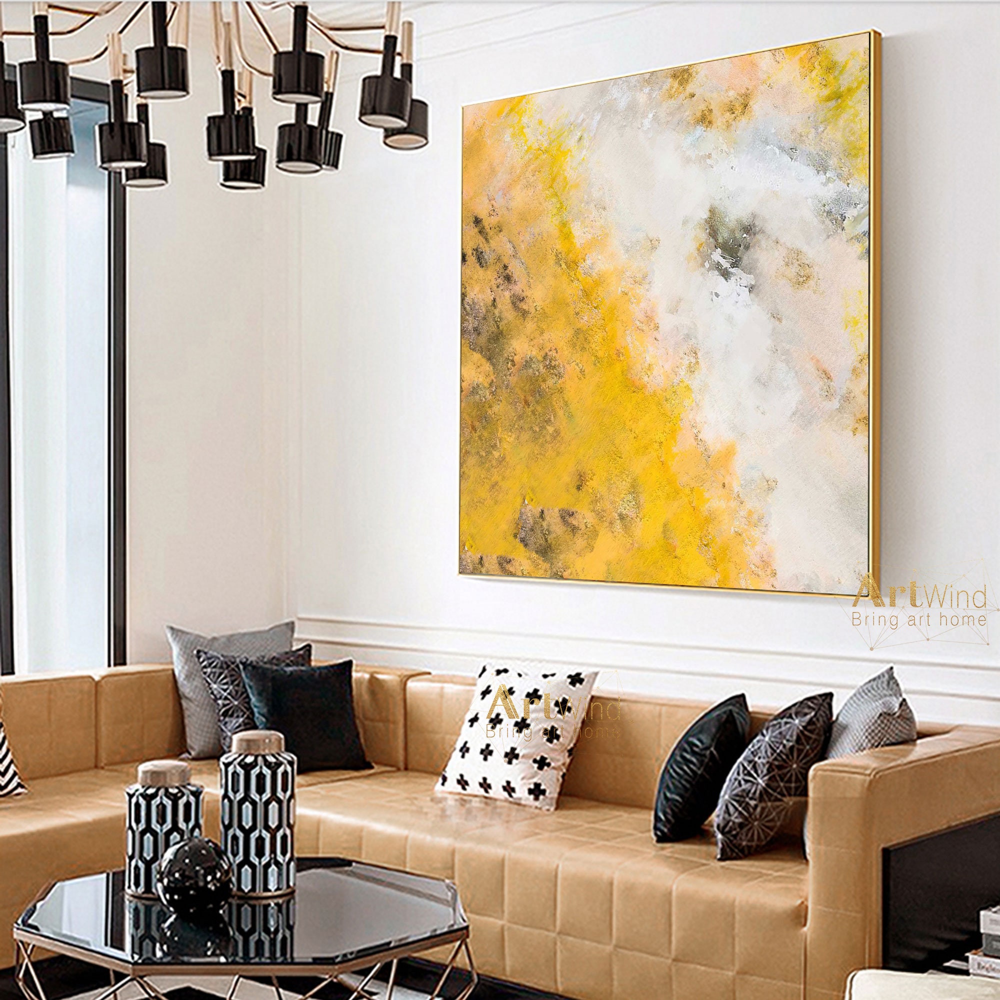 Oversized Yellow Abstract Canvas Art White And Beige Art Etsy