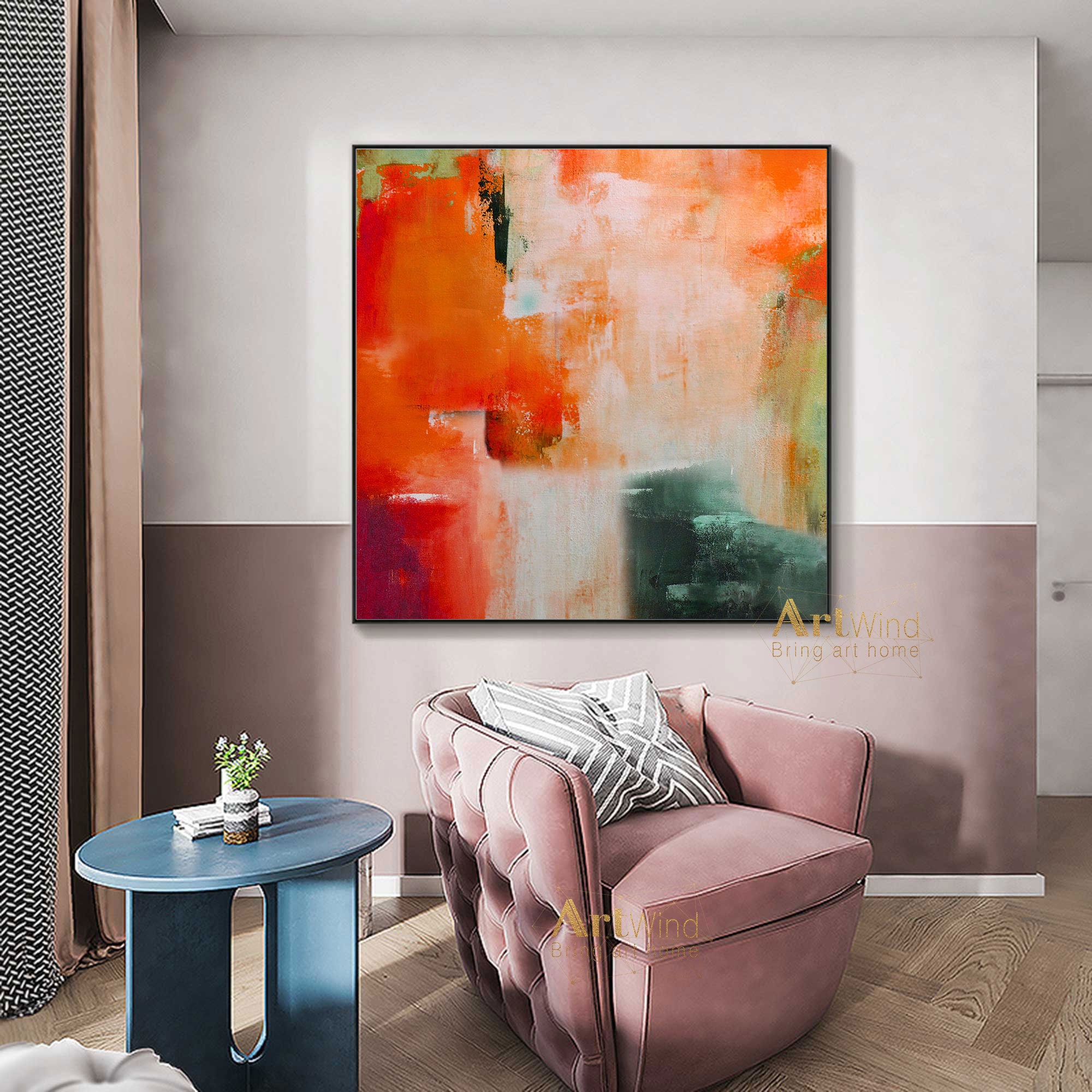 Large Red Abstract Canvas Art Green Modern Wall Art Colorful Etsy