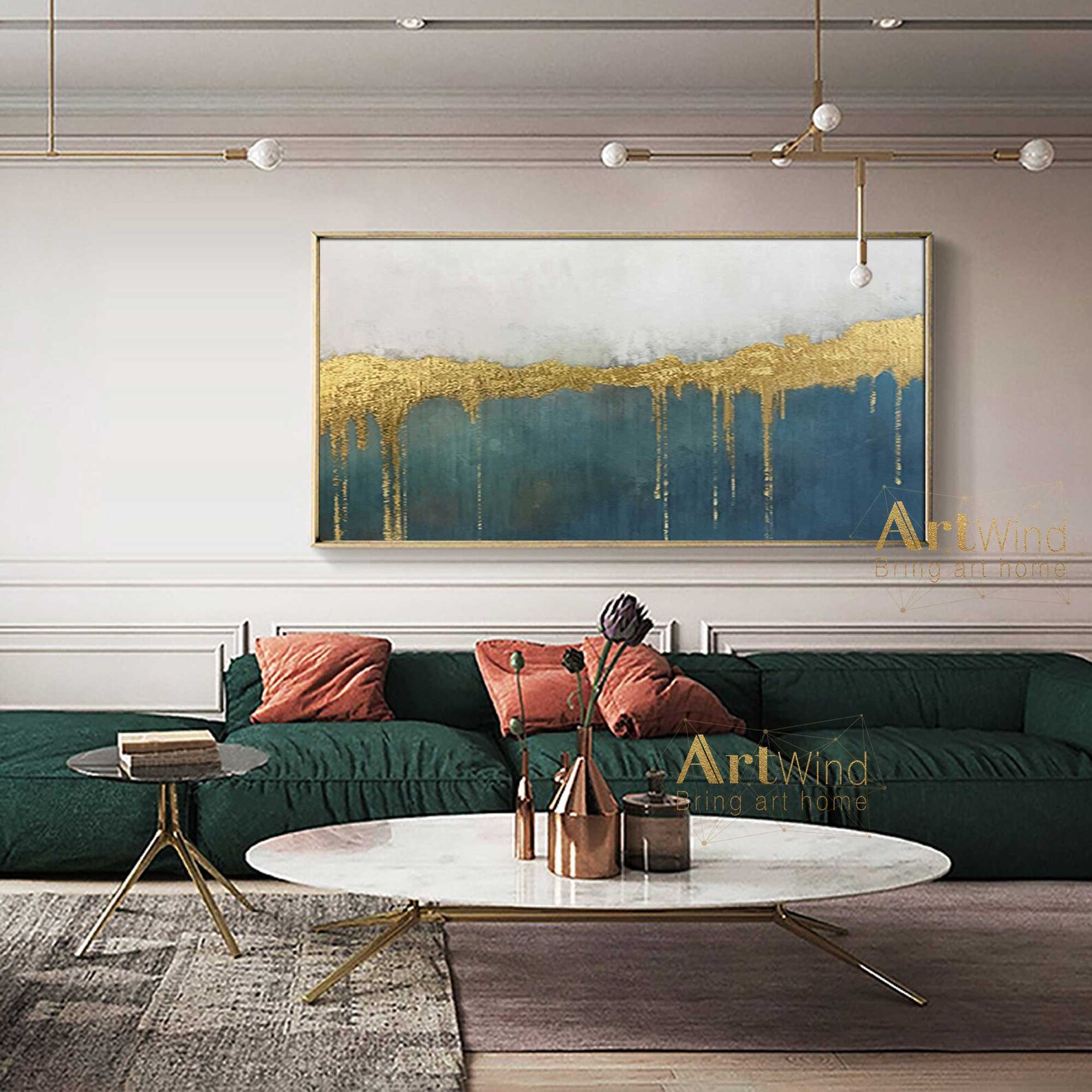 Abstract Canvas Art Green Modern Wall Art Gold Leaf Painting Etsy