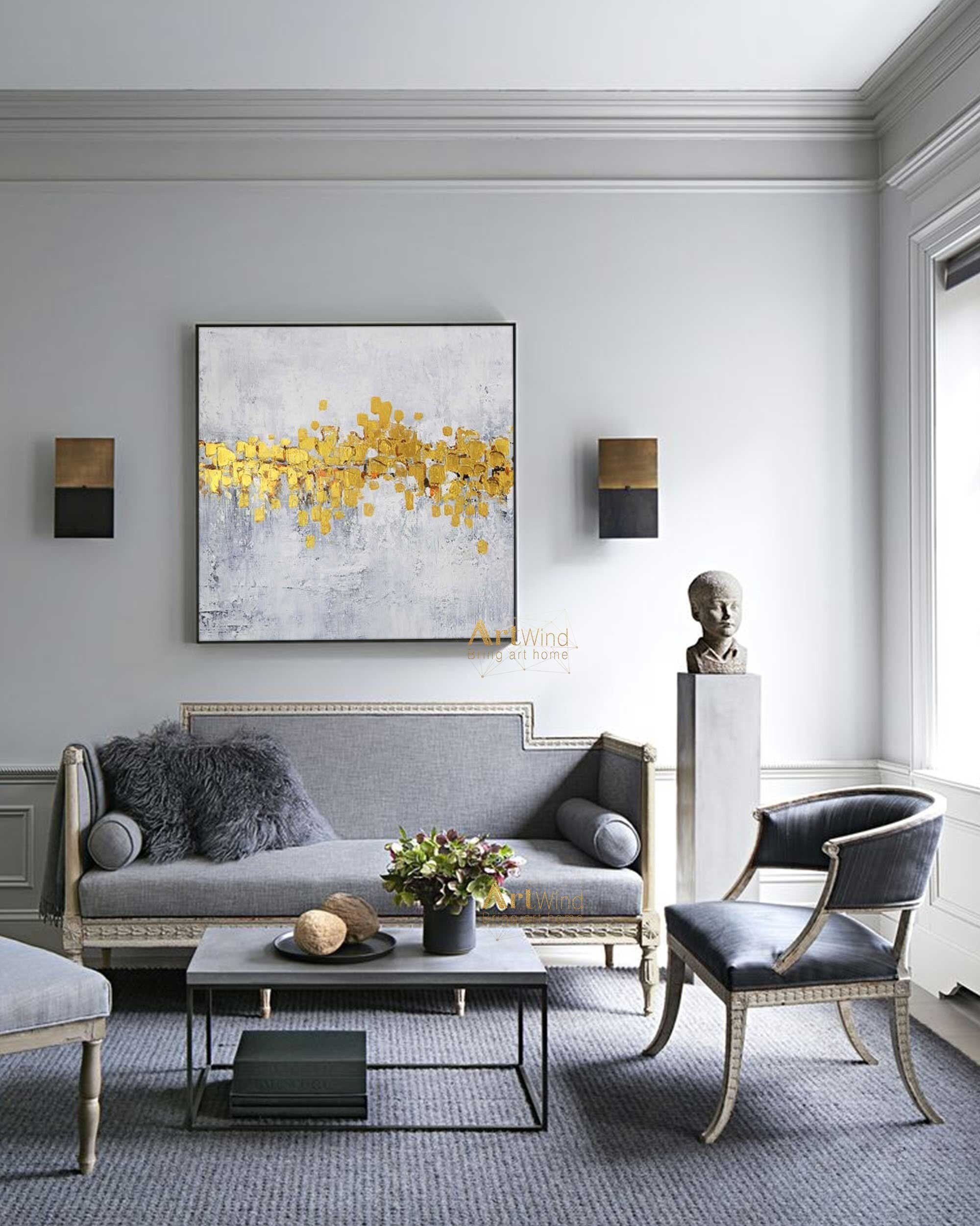 抽象画 グレーと金のキャンバスアート 金箔の抽象画：モダンなグレーのキャンバスアート - Etsy 日本