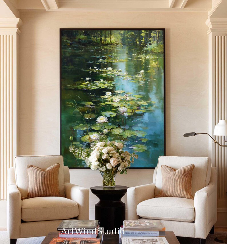 Abstract Water Lily Pond Oil Painting Green Nature Landscape Canvas ...
