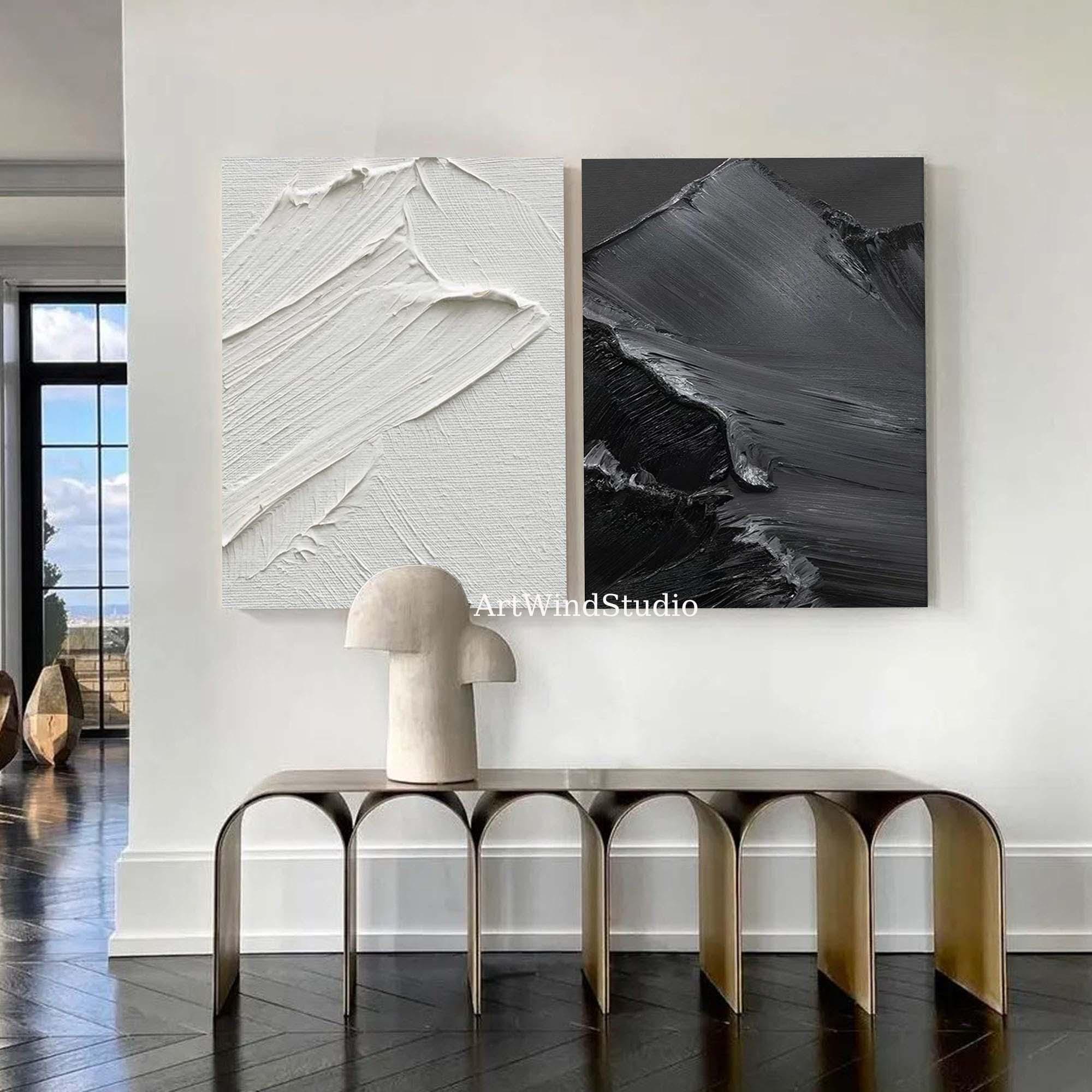 Textured Abstract Painting Set: Black and White Minimalist Wall Art - Etsy