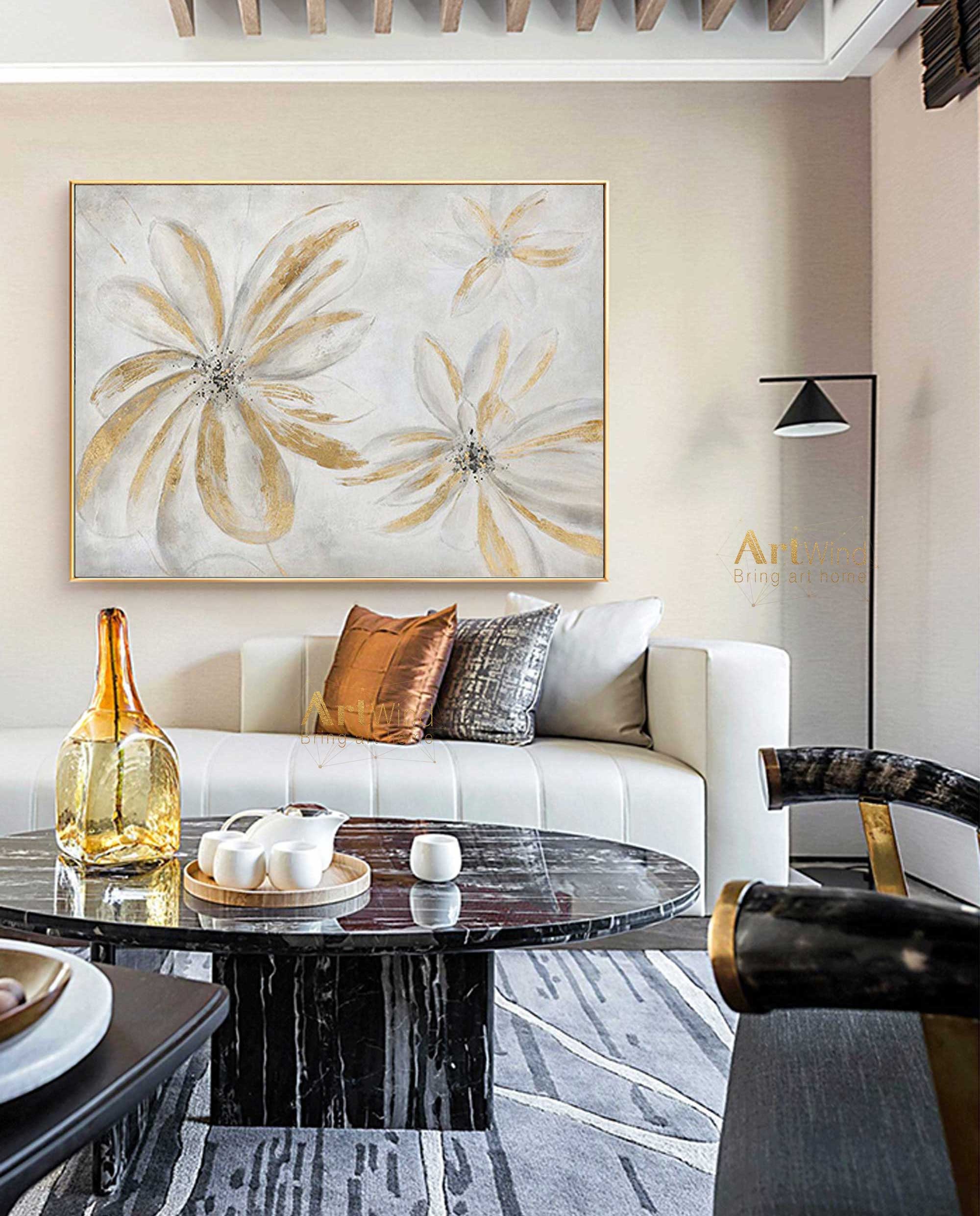 Large Gold Flowers Painting Grey Canvas Art Gray And Gold Art Etsy